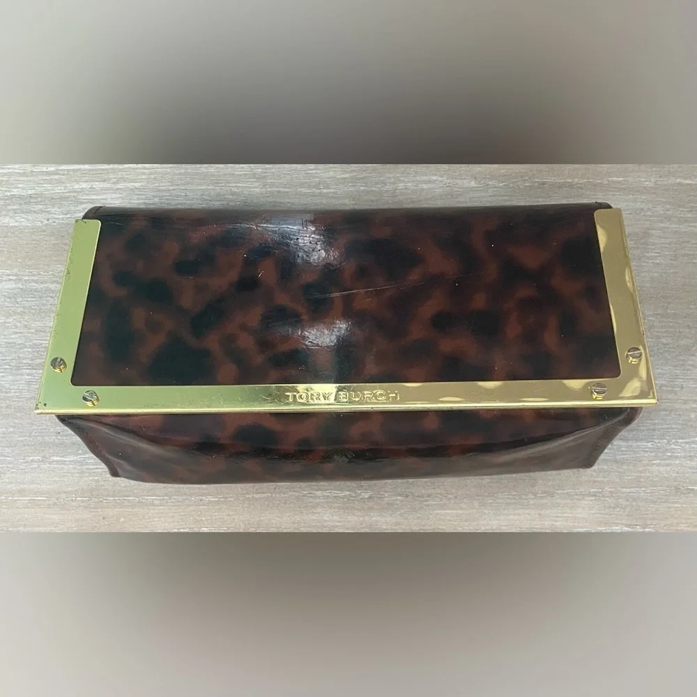 TORY BURCH brown cheetah leopard print EYEGLASS / SUNGLASS CASE w/ gold trim